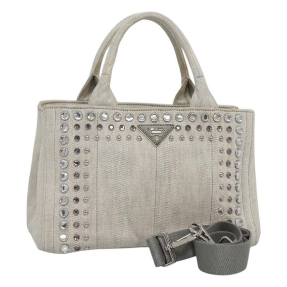 PRADA Bijoux Canapa Hand Bag Canvas 2way Gray Silver Auth KD142 - Picture 1 of 16